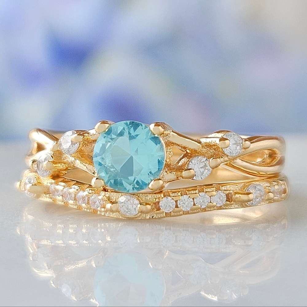 Gold and Aquamarine  Blue and Teal Gemstone Ring Set, 925 Sterling Silver